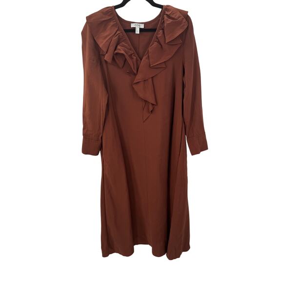 COS Allmira Dress Ruffled V-neckline Maxi Women's Size 4 Brown Fall - Picture 6 of 13